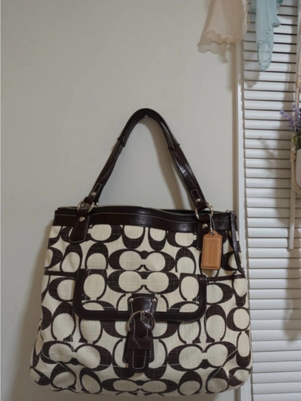 Coach Cream and Brown Signature Canvas Tote with Leather Trim